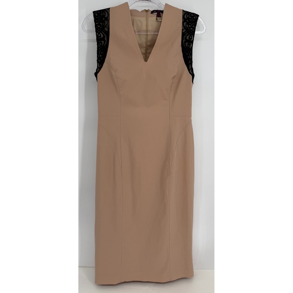 Rachel Roy Tan Sheath Dress Black Lace Trim V-Neck Sleeveless Sz 8